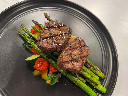 Grilled Fillet Medallion Dinner with Foil Packet Veggies and Grilled Asparagus